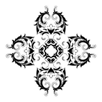 Black floral design on white background, symmetrical, with ornate curls and leaf elements vector
