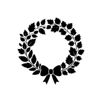 Silhouetted wreath of leaves and branches with a bow below, stark white background vector