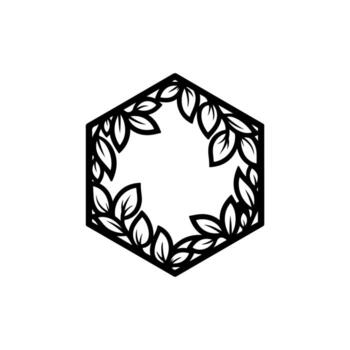 Black and white hexagon shape with leaves inside, in the center of a white background vector