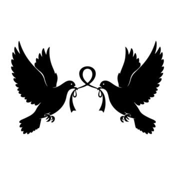 Silhouette of two doves in flight, each holding a ribbon that creates a loop vector