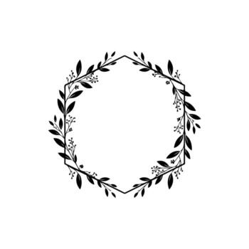 A hexagonal frame in black, adorned with leaves and berries, on a white background vector