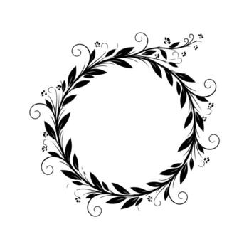 Circular black leaf and vine design on white background, creating a decorative, ornate frame vector