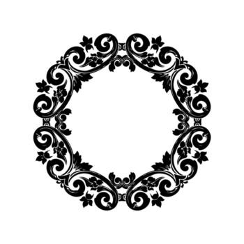 Ornate circular design, black foliage on a white background, symmetrical, with open center vector