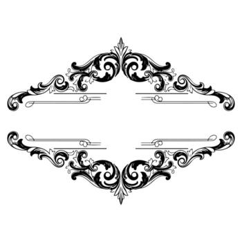 Decorative symmetrical frame with flowing scrollwork, leaves, and horizontal bars vector