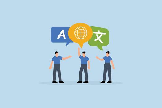 Language learning, young adults conversing with foreign international language symbol vector