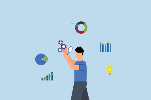 datos análisis gráfico y informe, empresario analizar datos con aumentador vaso vector