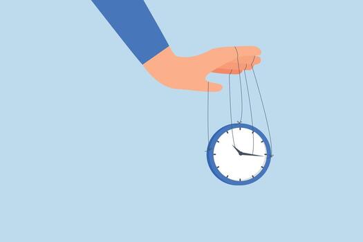 Control time, entrepreneur manipulates time using a clock puppet vector