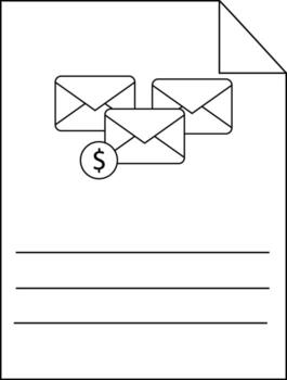 A document with three envelopes a dollar sign and three lines of text against a white backdrop vector