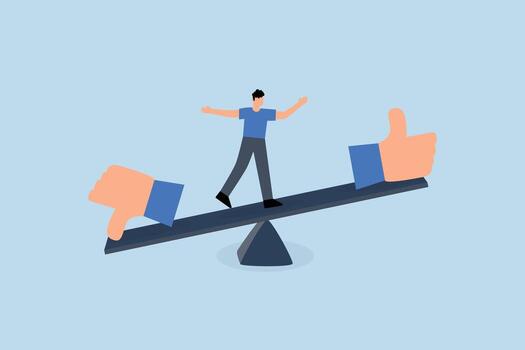 Demerit and merit evaluation, businessman teetering on a seesaw with thumbs up and down vector