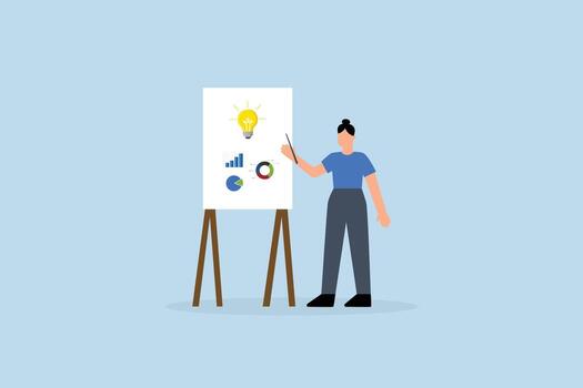 presente idea, mujer de negocios presentación nuevo bombilla idea con grafico y gráfico vector
