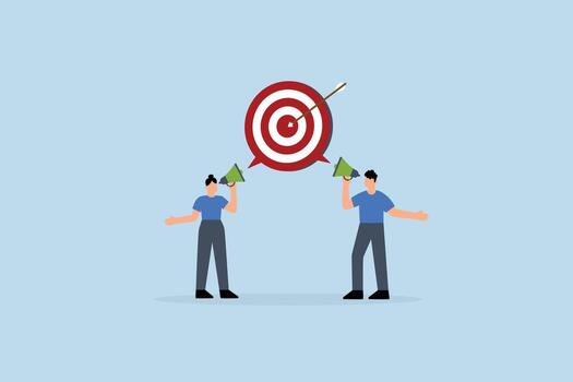 Effective communication for team success and achieve goal, Business individuals communicate with a megaphone towards the same objective vector