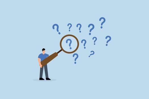 Problem analysis, businessman with magnifying glass analyze question marks vector