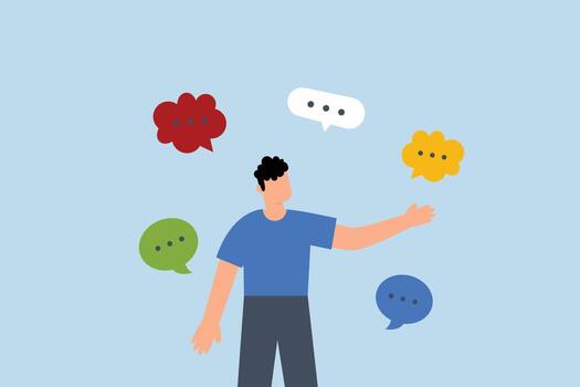 oral communication skill, entrepreneur engaging in conversation with several dialogue boxes vector