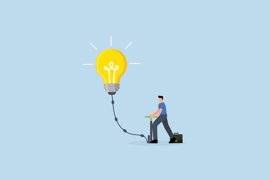 Create new idea, entrepreneur inflate air into large lightbulb concept. vector
