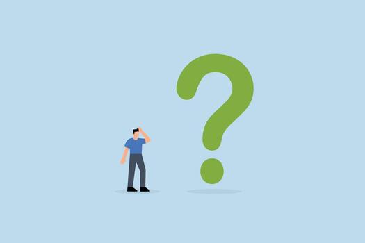 Big question mark, entrepreneur pondering as he gazes at large question mark vector