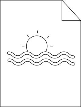 A simplistic line drawing of a sunset over ocean waves on a piece of paper with the corner folded vector