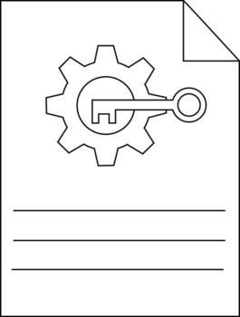 Black and white image features a gear key document outline and lines for writing vector