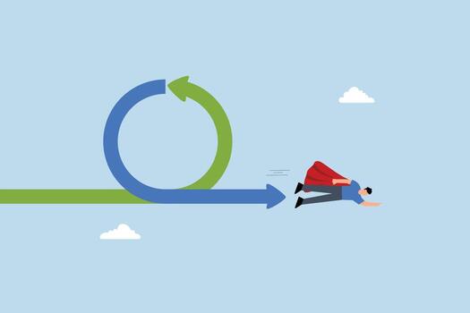 ágil metodología en proyecto administración o software desarrollo, empresario superhéroe mosca con ágil ciclo vector