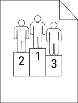 Podium with figures on a document signifying ranking and achievement in a minimalist black and white design vector