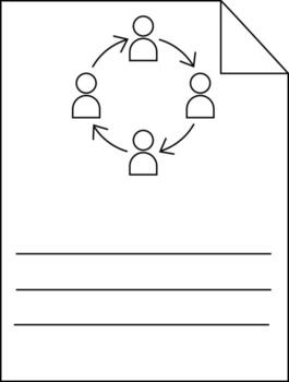 Sheet with 4 figures in a circle with arrows next to a folded corner above 3 lines vector