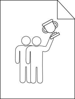 Two figures one holding a trophy on a sheet with a folded corner outlined vector