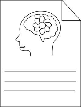 un negro y blanco línea dibujo de un cabeza con un flor dentro sus cerebro en un sábana de papel con escritura líneas vector