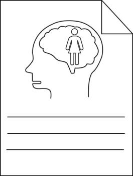 A drawing of a head with a brain containing a woman lines below and a folded page corner vector