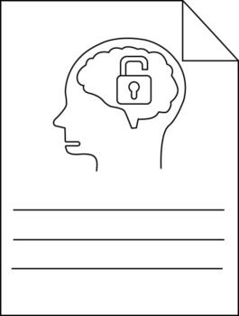 A head silhouette with a brain containing an open padlock drawn on a sheet of paper with three lines below vector