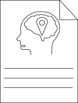 un línea dibujo de un cabeza con un cerebro conteniendo un ubicación alfiler en un página con líneas a el fondo vector