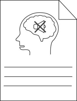 A page with a head outline containing a brain with a muted speaker symbol and lines for writing vector