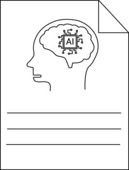 Black and white line art shows an AI brain symbol on a paper with three lines for text beneath it vector