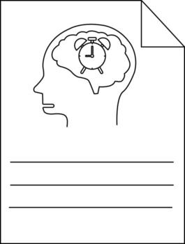 Blackandwhite line drawing of a head with an alarm clock in the brain and a sheet with lines below vector