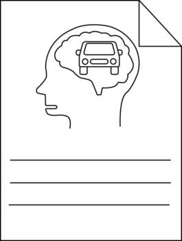Head outline with a car inside the brain on a sheet of paper with lines vector