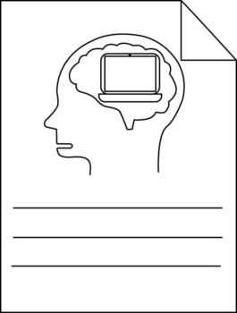 Line art of a persons head containing a computer inside their brain on a paper with lines vector