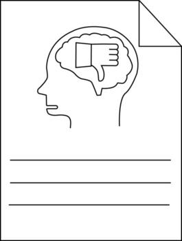 línea dibujo de un cabeza con un pulgares abajo en el cerebro Tres líneas y un doblada página esquina vector