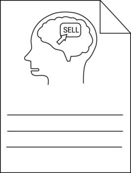 Line drawing of a head in profile with SELL inside brain over lines on paper vector