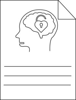 Outline of head brain containing a heartshaped lock with three horizontal lines at the bottom and a curled corner vector