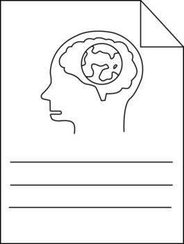 Outlined head profile with a brain encompassing a circular Earth graphic on a lined sheet of paper vector