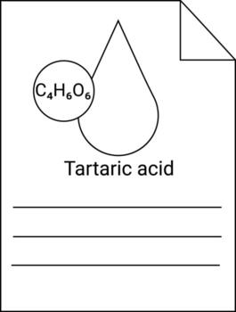 A drawing of tartaric acid C4H6O6 next to a teardrop on a page with lines for notes and a folded corner vector