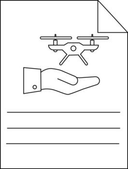 A document displays a hand and a drone Three horizontal lines appear at the bottom vector