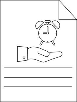 A document displays a hand holding an alarm clock lines for text and a corner fold vector