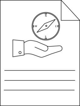 A document shows a hand holding a compass with directions N S E W and blank lines for text vector