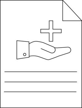 A line drawing depicts a document with a hand plus symbol and blank lines vector