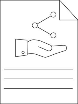 A page with a network graphic above a hand with text lines below and a folded corner at the upper right vector