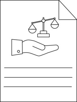 An image of a document containing a hand holding scales of justice on top of three horizontal lines vector