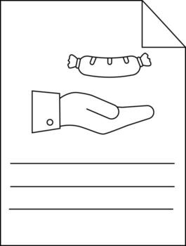 Line art of a document featuring a sausage above an open hand on a sheet vector
