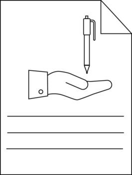 Outlined image shows a pen over a hand on a document with lines and folded corner vector