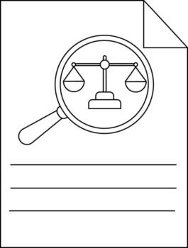 A document displays a magnifying glass focused on a justice scale positioned above blank lines vector