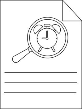 A document displays a magnifying glass over an alarm clock with lines below for writing vector