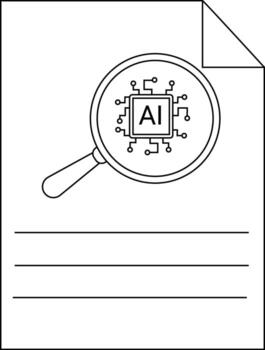 A document displays AI under a magnifying glass with lines for writing and a folded corner vector
